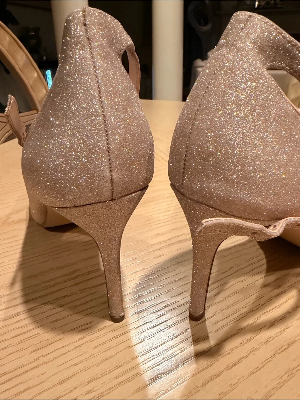 Nina NY Rose Gold Glitter Platform Peep Toe Stiletto Heels